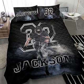 Ohaprints Custom Footballs Boy Smoke Player Fan Gift Idea Black Personalized Name Number Quilt Blanket & Pillowcases, Quilts Bedding Set & Pillow Cover, King Queen Double Twin Throw Full Size Bed Sets