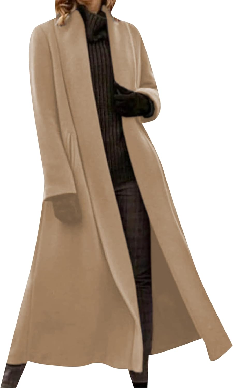 Women's Shawl Collar Work Maxi Coat Long Sleeve Wool Blend Pea Coat Fall Winter Jackets with Pockets