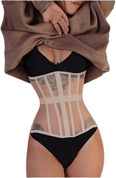 Sexy See Through Mesh Underbust Corset Slim Fashion Waist Cincher Shaper Wear For Women All Match Bustier Tops Girdle Color Apricot, Size L/Large