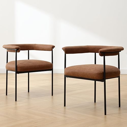 Miniatura 5 de Juego de 2 sillas de comedor modernas, tapizadas de poliuretano con respaldo de barril, marco de metal negro para comedor, sala de estar, color