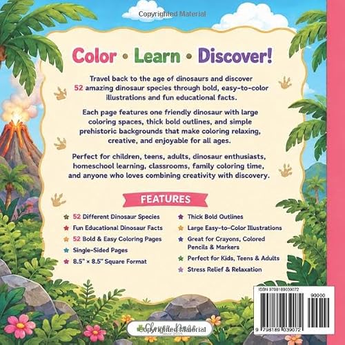 Dinosaur Coloring Book for Kids & Adults: Big & Easy Dinosaur Coloring Book Featuring 50 Cute Dinosaur Species, Fun Educational Facts, Bold Simple ... (CloverDaze Bold & Easy Coloring Adventures) - Image 2