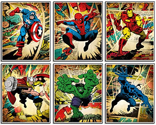 Avengers Superheros Watercolor Poster, Avengers Comic Books Decor Wall Art ï¼ŒSuperheros wall decor Spiderman Poster Room Decor for Boys Bedroom Prints Lronman Hulk Captain America Black Panther Vintage Posters(Set of 6 8x10 Inch)