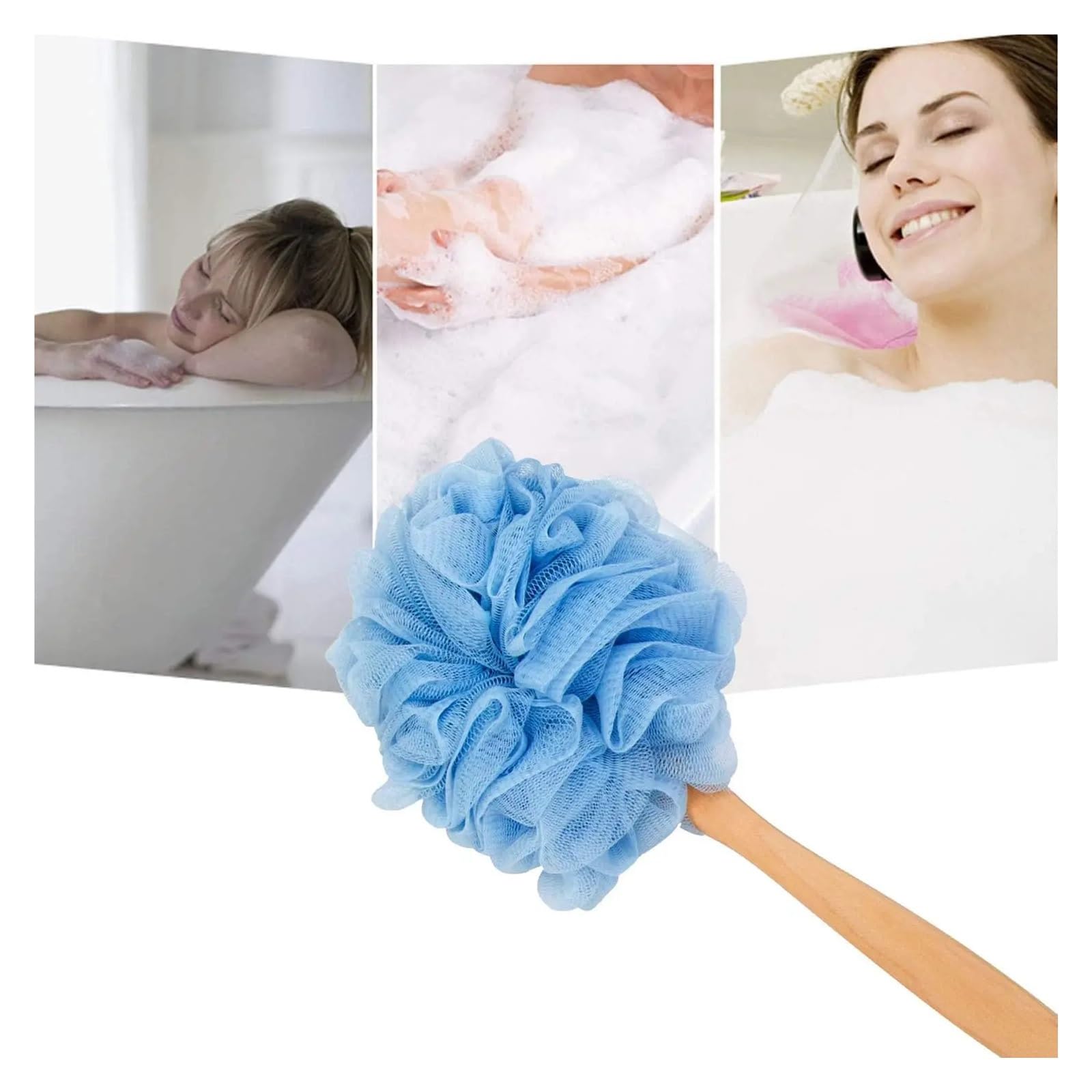 Cepillo Espalda Ducha Depurador trasero de madera con mango largo y malla de nailon suave for hombres y mujeres, cepillo de ducha azul