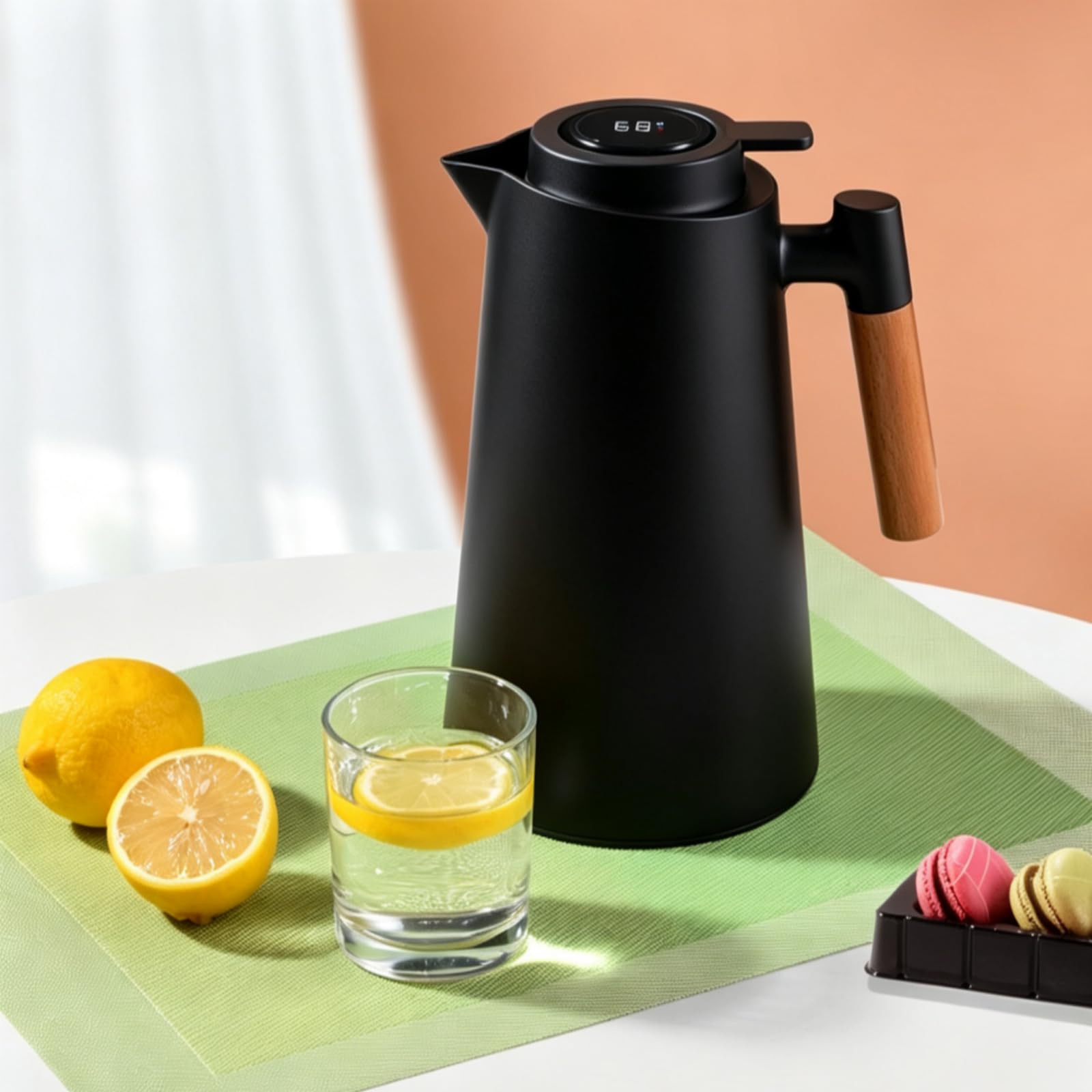 Caraffa termica con display intelligente della temperatura, 963,9 g, con rivestimento in vetro sottovuoto, caraffa termica per acqua, caraffa da caffè con manico in legno, per casa, cucina, ufficio
