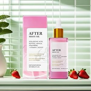 Strawberry Vanilla After Shave Oil,Hair removal soothing essential oil; Shaving soothing oil， with Hyaluronic Acid & Peptides to Soothe Razor Burn, 90ML/3fl oz
