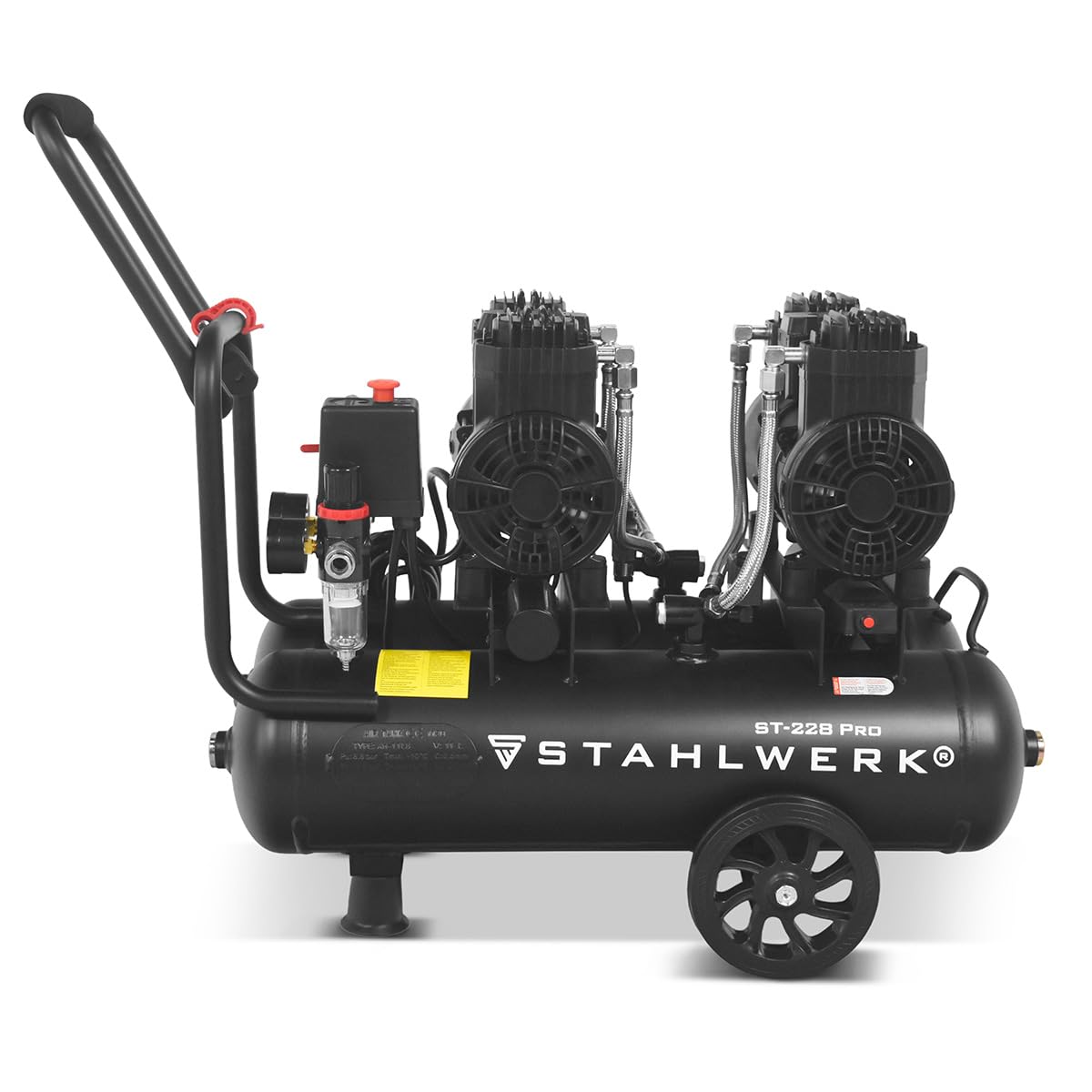 STAHLWERK Compresor con tanque de 22 L (ST-228 Pro) – sin aceite y silencioso, 8 bar, compresor de aire con motores sin escobillas, 3,54 CV, 2,6 kW, 410 l/min, compresor de pistón silencioso