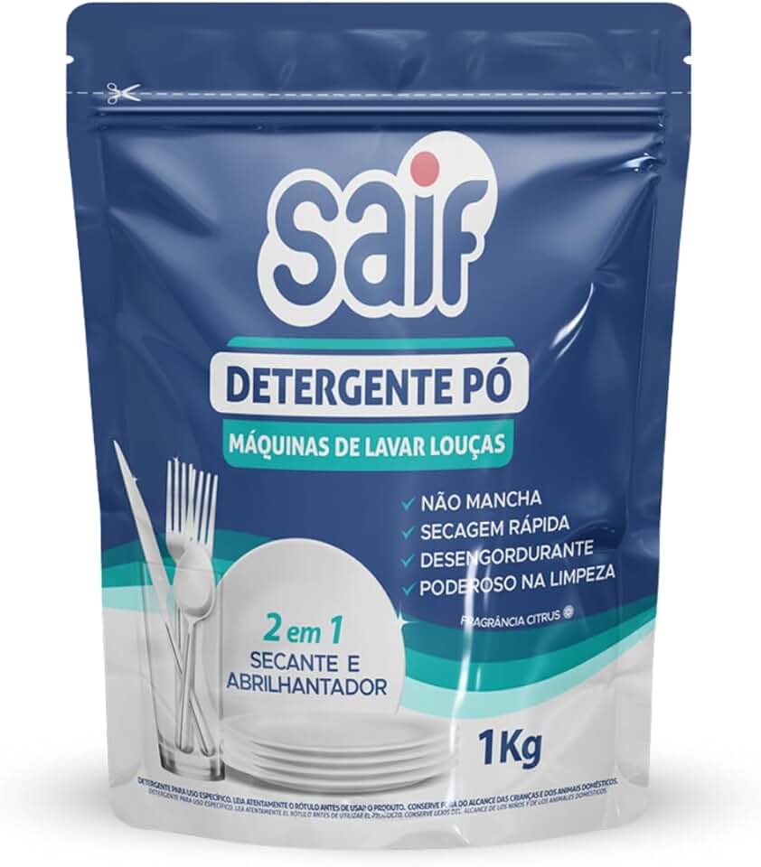 Detergente Para Máquinas De Lavar Louças Saif 1Kg, Sabão Em Pó Para Lava Louças, Azul, Ação 2 Em 1 Secante E Abrilhantador, Facilitando Sua Vida, Maximizando Toda Limpeza