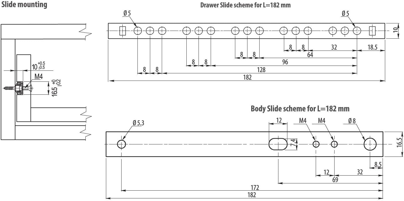 Ball Bearing Drawer Runners Groove Slides, H-17mm L-246mm (4 Pairs)