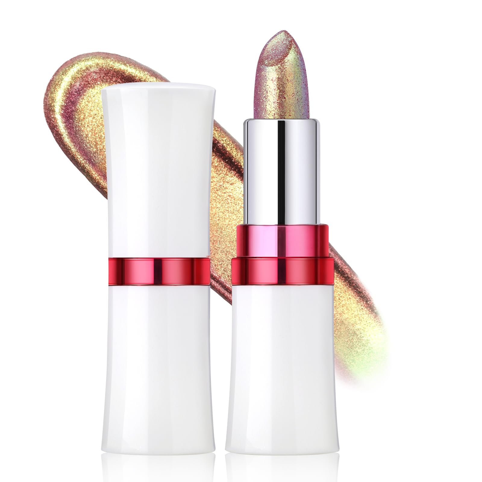 Noerrors Chameleon Pink Gold Glitter Lipstick, Holographic Color Shift Waterproof Long Wear Shimmer Metallic Lip Color, Multichrome Iridescent Sparkle Diamond Lip Gloss Mermaid Makeup for Festival#05 #05 pink gold