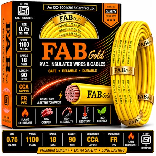 Image of 0.75 sqmm Single Core Copper Electrical Wire, 90 Meter (Yellow) | Heat Resistant & Flame Retardant (FR) | Lead-Free LSH House Wire for Home & Industrial Use