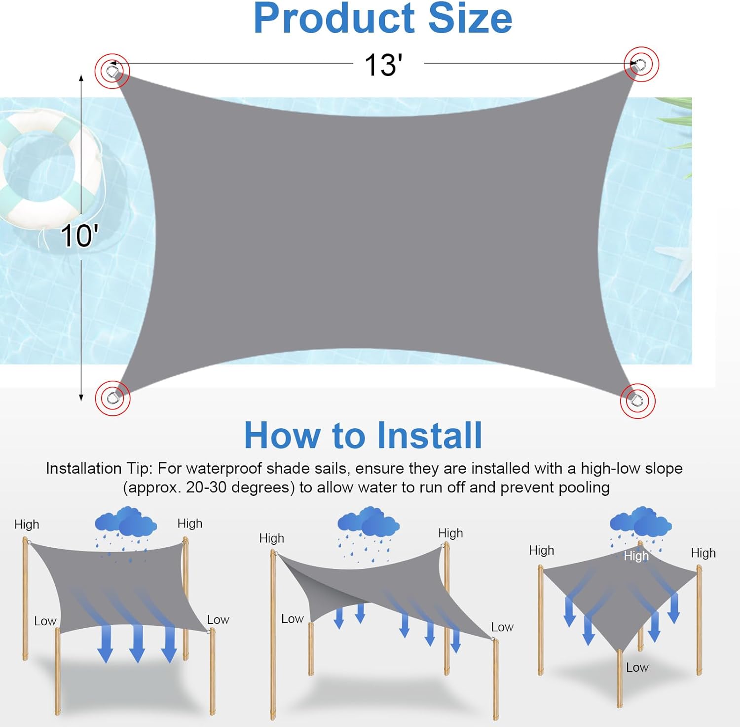 Shade Sail 10'x 13' Rectangle Waterproof Sun Shade Sail UV Block Sunshade for Backyard Yard Deck Patio Garden Outdoor Activities,Light Grey