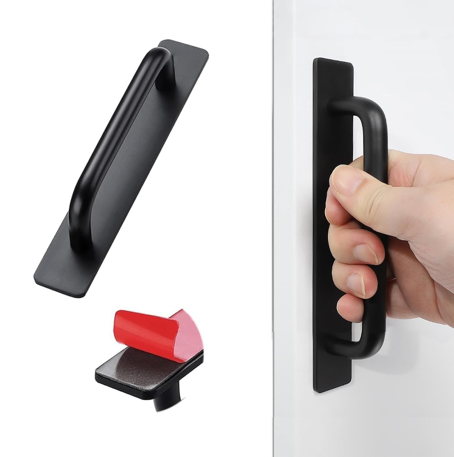 DHVSAM 1 Pcs Self Adhesive Cabinet Door Handle Stick On Handle Self Stick Drawer Pulls No Drill Black Cabinet Pulls Peel and Stick for Glass Sliding (Black)