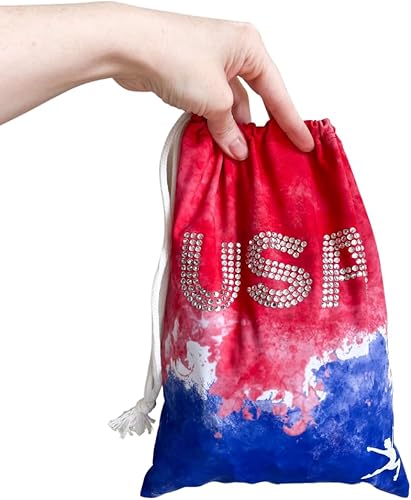 Miniatura 7 de GymnasticsHQ Bolsa de gimnasia para niñas, bolsa de gimnasia con diamantes de imitación de Estados Unidos, color rojo, blanco y azul para gimnasia