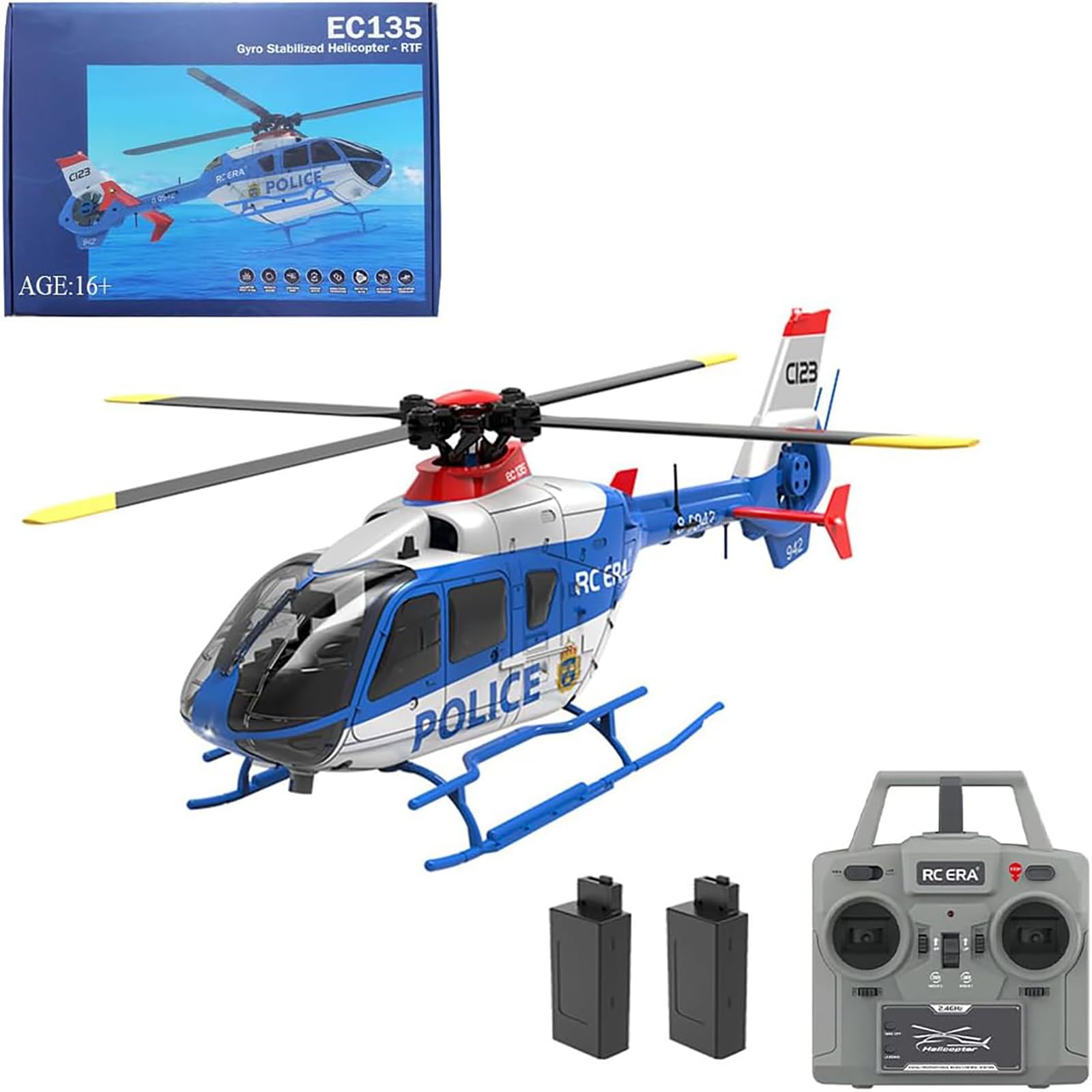 C123 Helikopter zdalnie sterowany EC135 dla dorosłych, 1:36 6CH 2.4GHz RTF RC z 6-osiowym żyroskopem i funkcją utrzymywania wysokości dla początkujących,2 Batteries