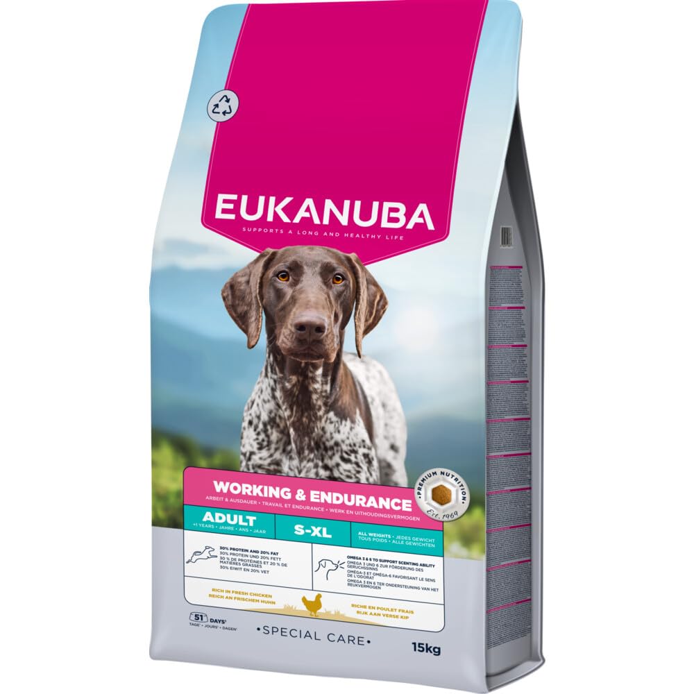 EUKANUBA Working & Endurance karma dla psów ze świeżym kurczakiem - specjalna wysokowydajna sucha karma dla psów pracujących, psów myśliwskich i suk ciężarnych lub karmiących piersią, 15 kg