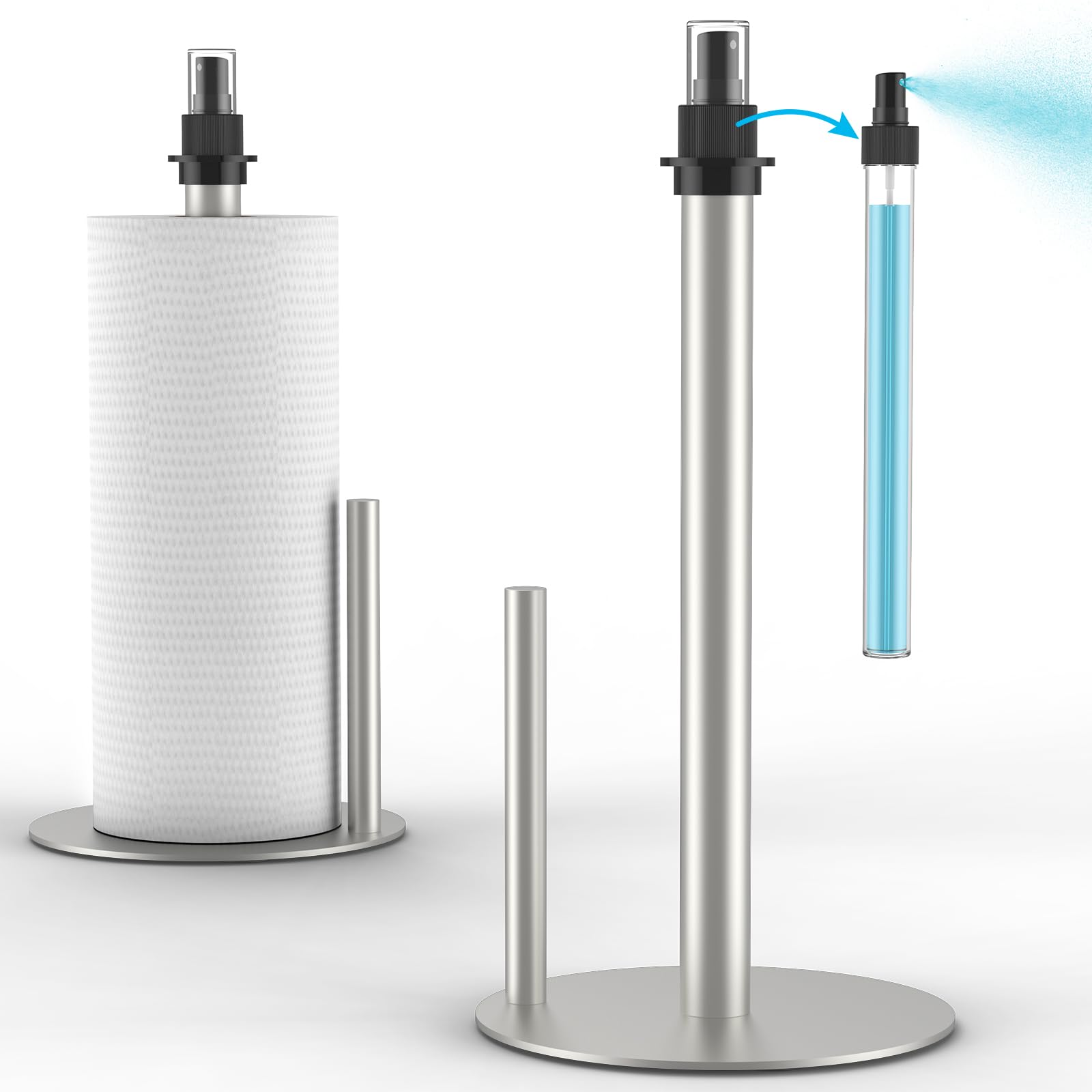 Paper Towel Holder with Spray Bottle, Countertop Paper Towels Dispenser Stand with Sprayer Inside Center, One Hand Tear Stainless Steel Paper Towel Holder Stand with Base for Kitchen (Silver)
