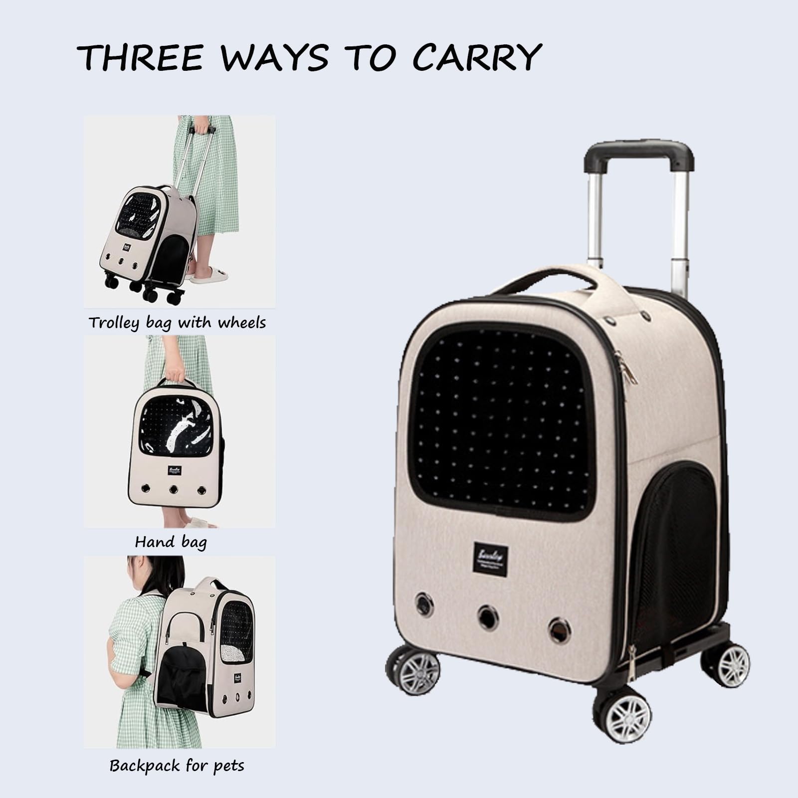 Sac À Dos pour Animaux De Compagnie, Sac De Transport À roulettes pour Animaux De Compagnie,Sac À Dos Roulant pour Chat avec Fenêtres D'aération en Maille,Sac À Dos Poussette,Beige