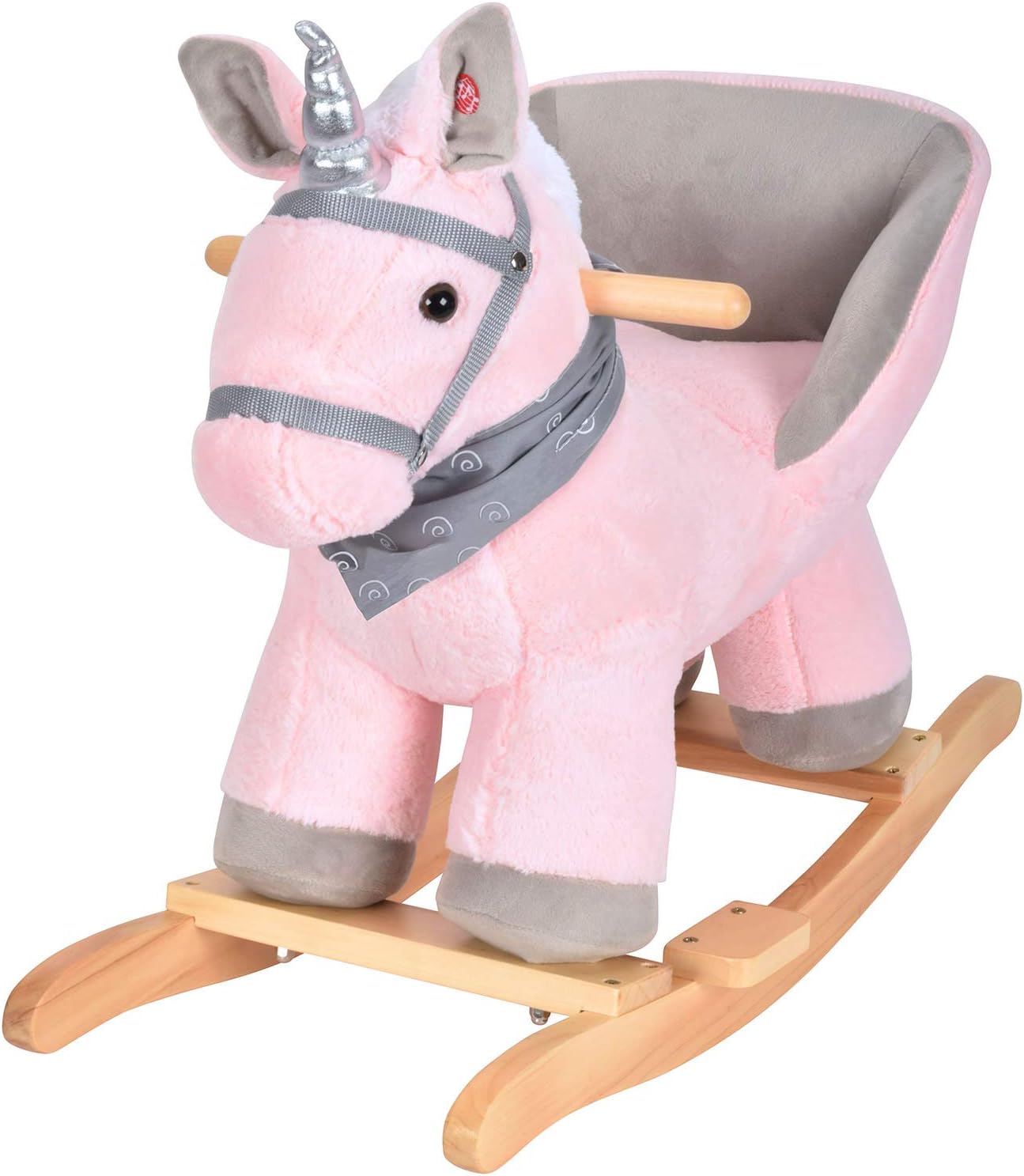 JOON Luna Rocking Horse Unicorn with a Spiral Scarf, Great For Childhood Development, Soft Materials Wooden Construction, Fun Musical Sounds, White Mane with Twisted Silver Horn, Pink-Gray [VERSION 2]