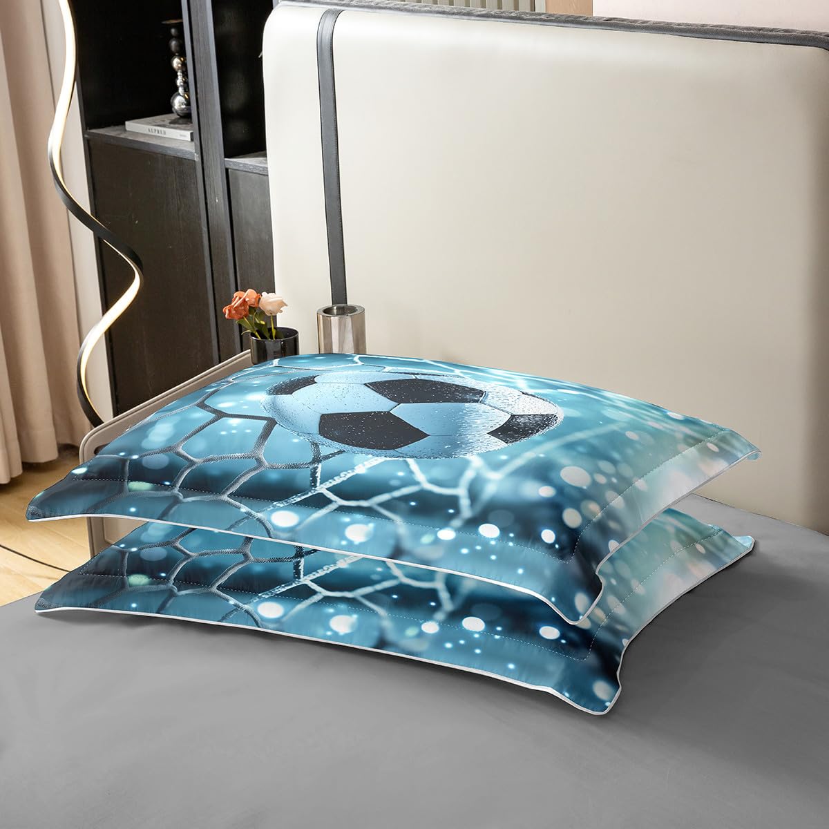 Homewish Piłka nożna 100% bawełniana poszewka na kołdrę podwójne boisko do piłki nożnej zestaw pościeli dla dzieci chłopców mężczyzn bramka w kropki jasnobiała jasnoniebieska poszewka na kołdrę miękka