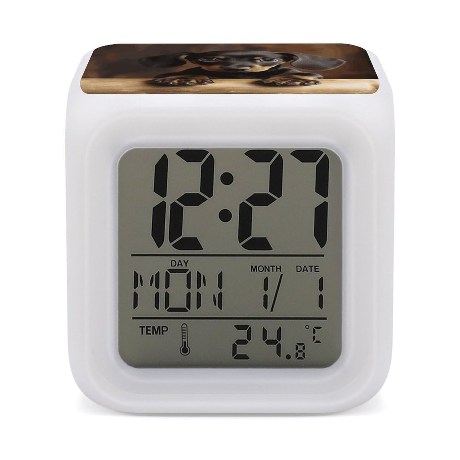 JTREHY 7 Color Changing LED Digital Alarm Clock,Dog Dachshund Printed Wake-up Clock with Temperature Display Home Decoration Alarm Clock for Bedroom Office