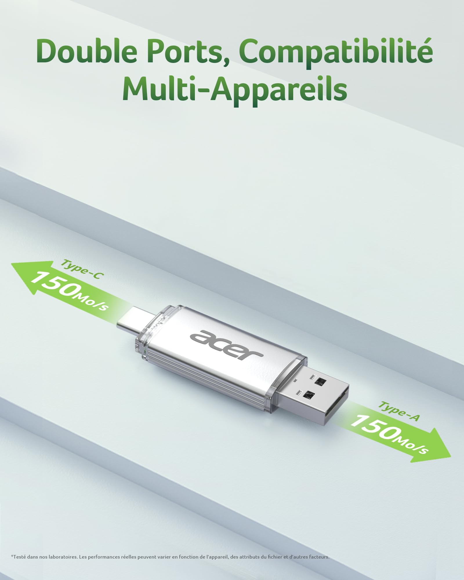 Acer Clé USB UT300 256 Go USB 3.2 Gen1 150 Mo/s Double Port Type-A & Type-C