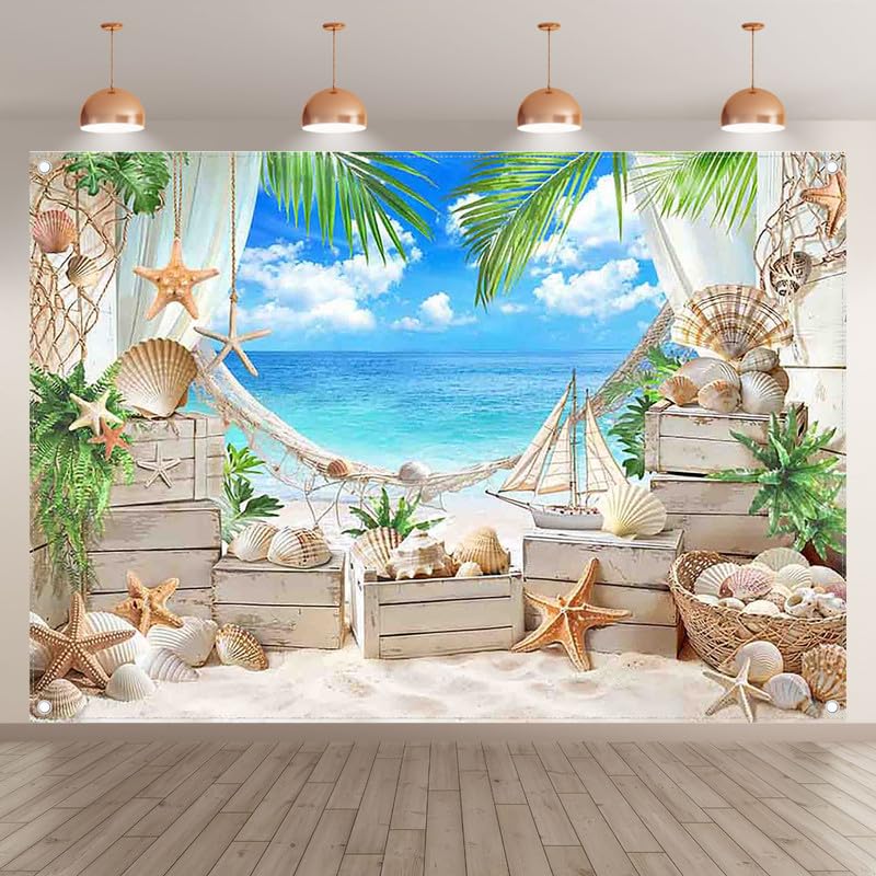 Luminora 2,1x1,5 m Tropikalna Plaża Morze Muszle Seaside Tło | Tkanina poliestrowa, Gobelin Aloha Luau Tło, Impreza Dzieci Rodzina, Dekoracje Baner, Fotobudka Plenerowa