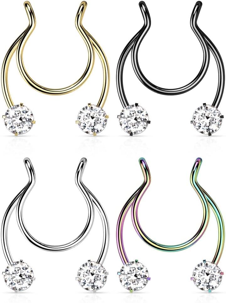 Pierced Owl - 18GA Stainless Steel Prong Set CZ Crystal Horseshoe Clip On Non-Pierce Fake Septum Nipple Rings, Sold as a Pair