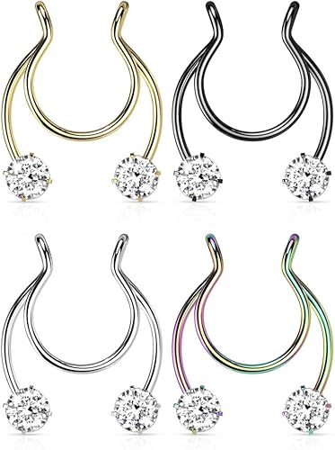 Miniatura 3 de Pierced Owl - Juego de puntas de acero inoxidable 18GA con clip de herradura de cristal CZ en anillos de pezón falsos para tabique sin perforación,
