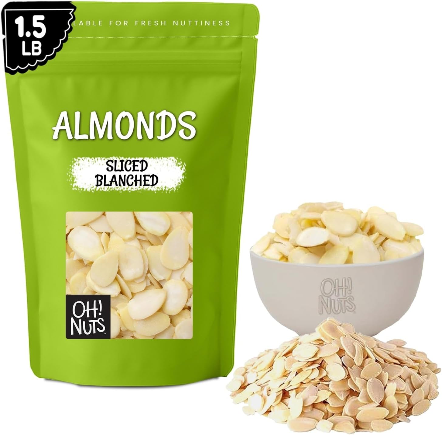 Oh! Nuts Almonds Blanched Sliced - Raw - 100% Natural - 1.5 lb - High-Protein Almonds - Packed in New York Zip-Seal Bag for Exceptional Freshness