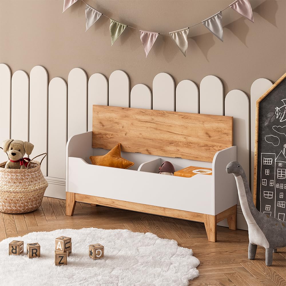 VitaliSpa Cassapanca per giocattoli Malia, Bianco/Artisan, 107.2 x 50 cm con sedile, con spazio contenitivo e combinabile con altri mobili Malia