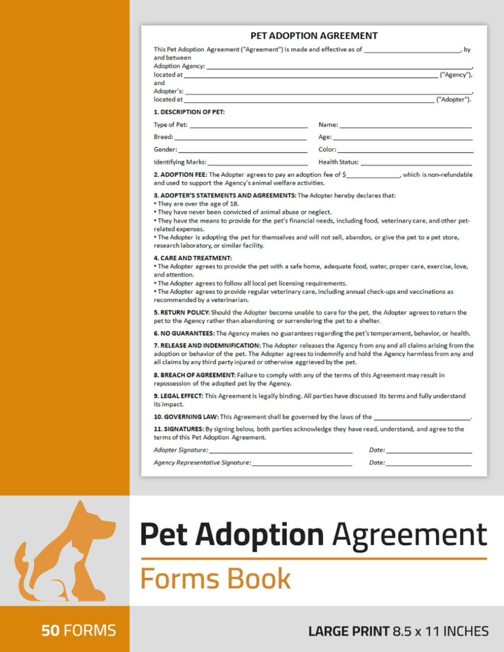 Pet Adoption Agreement Forms Book: Dog / Cat Adoption Contract Form | 50 Forms