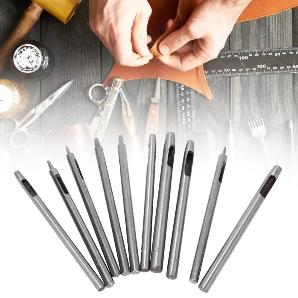 Respicefinem 10pcs DIY 0.5 5mm Leather Round Hollow Drilling Punching Tools Belt Punches High Carbon Steel Material with Various Specifications for Leather Crafting