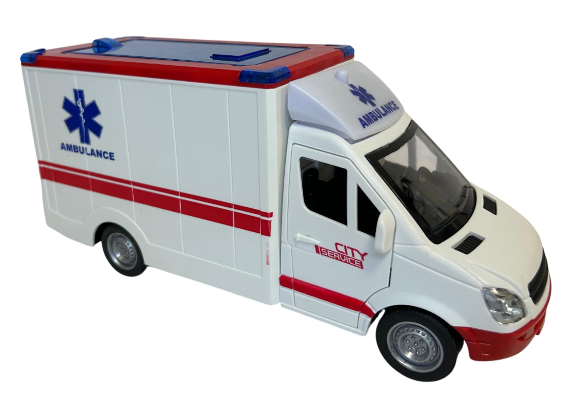 Ambulance Jouet avec Lumières Sons Sirènes Portes et Toit Ouvrables Mouvement Embrayage Grande Échelle 1:16 cm 26 Premiers Soins avec Lumière Sons Civière Amovible Enfants
