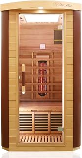 Dewello® Infrarotkabine Infrarotsauna Toronto 102x102 für 1 Person aus Hemlock & Zedernholz mit stufenlos regelbaren Vollspektrumstrahlern, Bodenstrahler, LED-Farblicht, Bluetooth, FM,MP3,USB