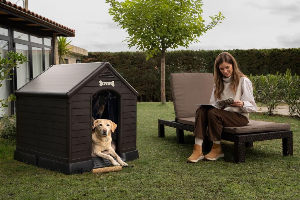 CURVER Caseta de Perro marrón grande, incluye cojín, cortina y etiqueta con nombre - Fabricada en resina 99Wx99LxH95 cm