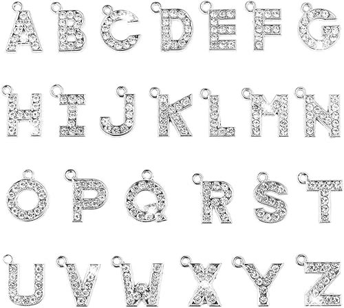 26 dijes de letras de diamantes de imitación para manualidades, dijes de metal de la A a la Z para collares, pulseras y manualidades, Mediano, Perla