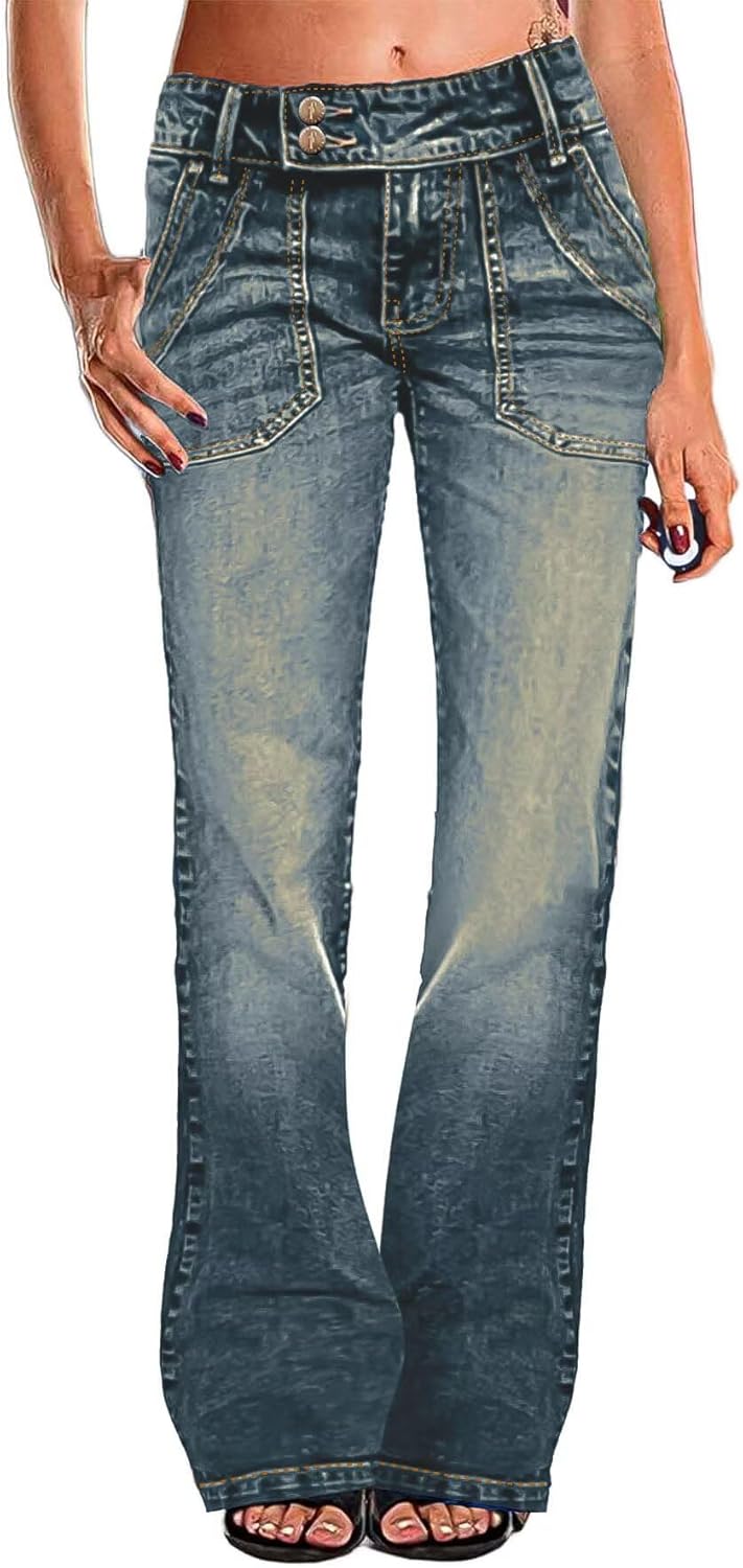 Flamingals Wide Leg Jeans for Women Low Rise Baggy Stretchy Straight Leg Bootcut Denim Pants