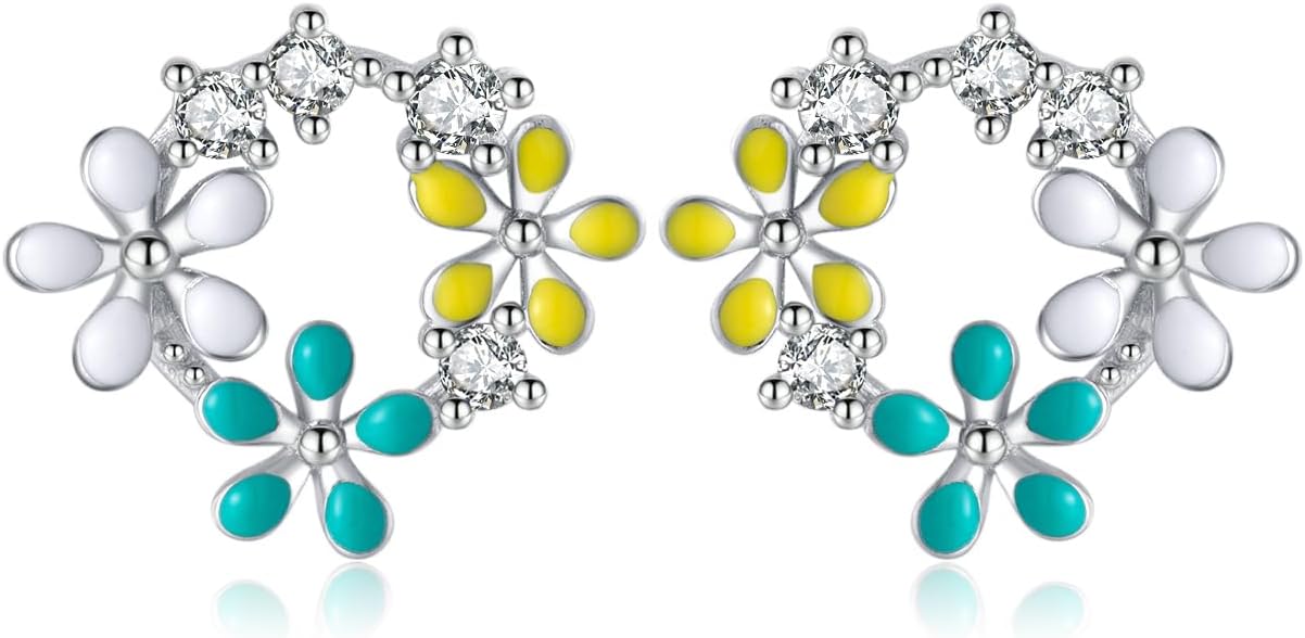 Reffeer Solid 925 Sterling Silver CZ Flower Stud Earrings for Women Teen Girls Flower Stud Earrings Spring