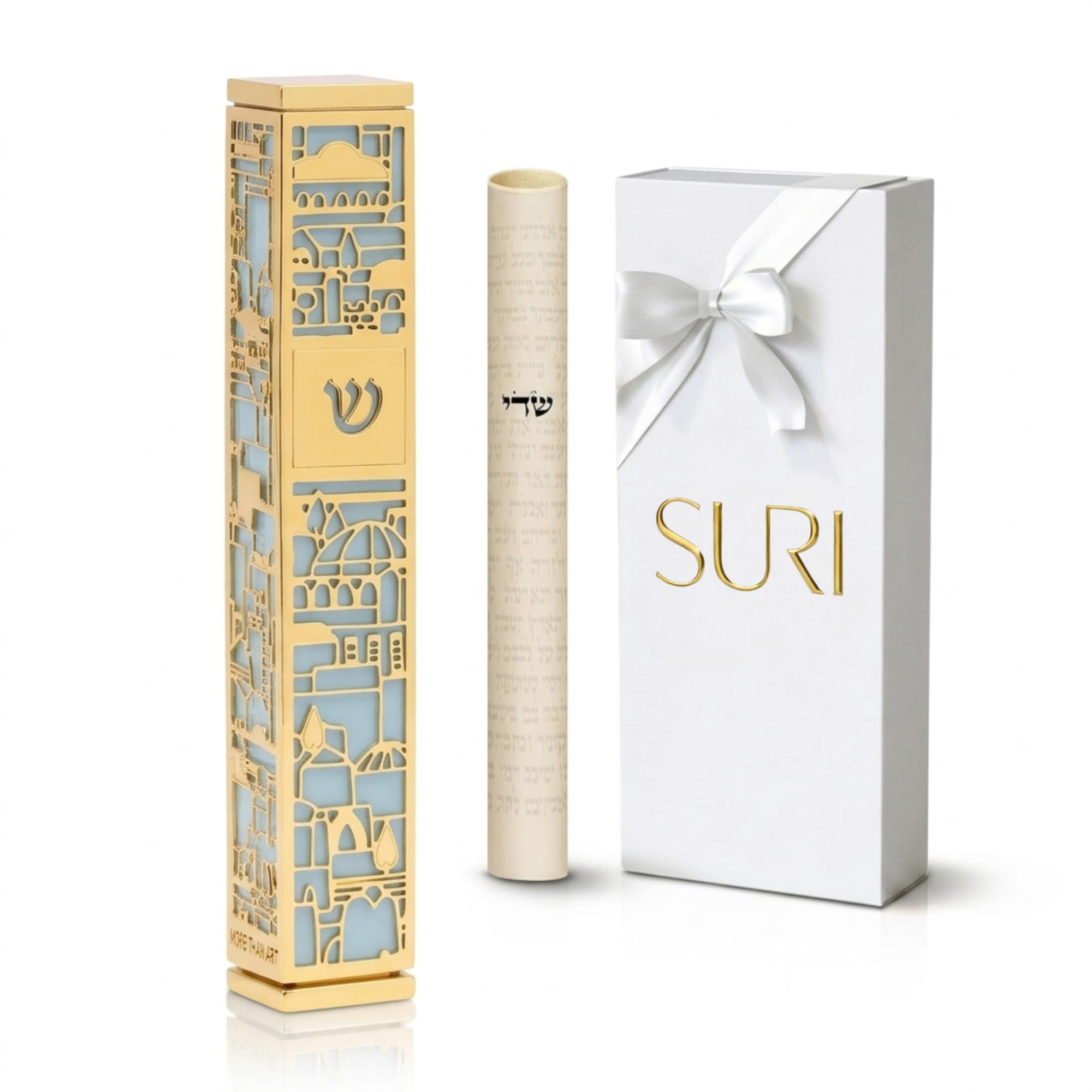 SURI Mezuzah for Door with Scroll, 6 Inch Gold and Blue Mezuzah Case with Non Kosher Scroll Inside, Fits a 5 Inch Scroll, Includes Adhesive and Gift Box