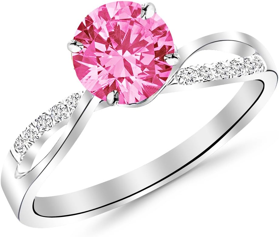 0.58 to 2 Carat Elegant 14K White Gold Twisting Split Shank Diamond Engagement Ring With Pink Sapphire