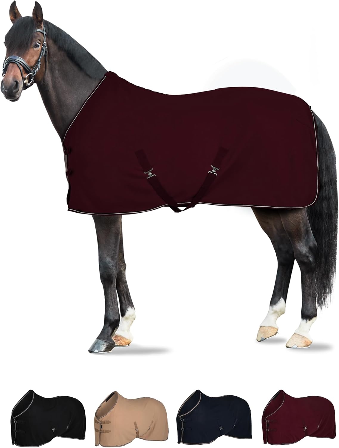 HORZE Kiel Fleece Horse Cooler Blanket | Quick-Dry Fleece Horse Cooler Sheet with X-Surcingles & Tail Cord - Dark Red - 81 in