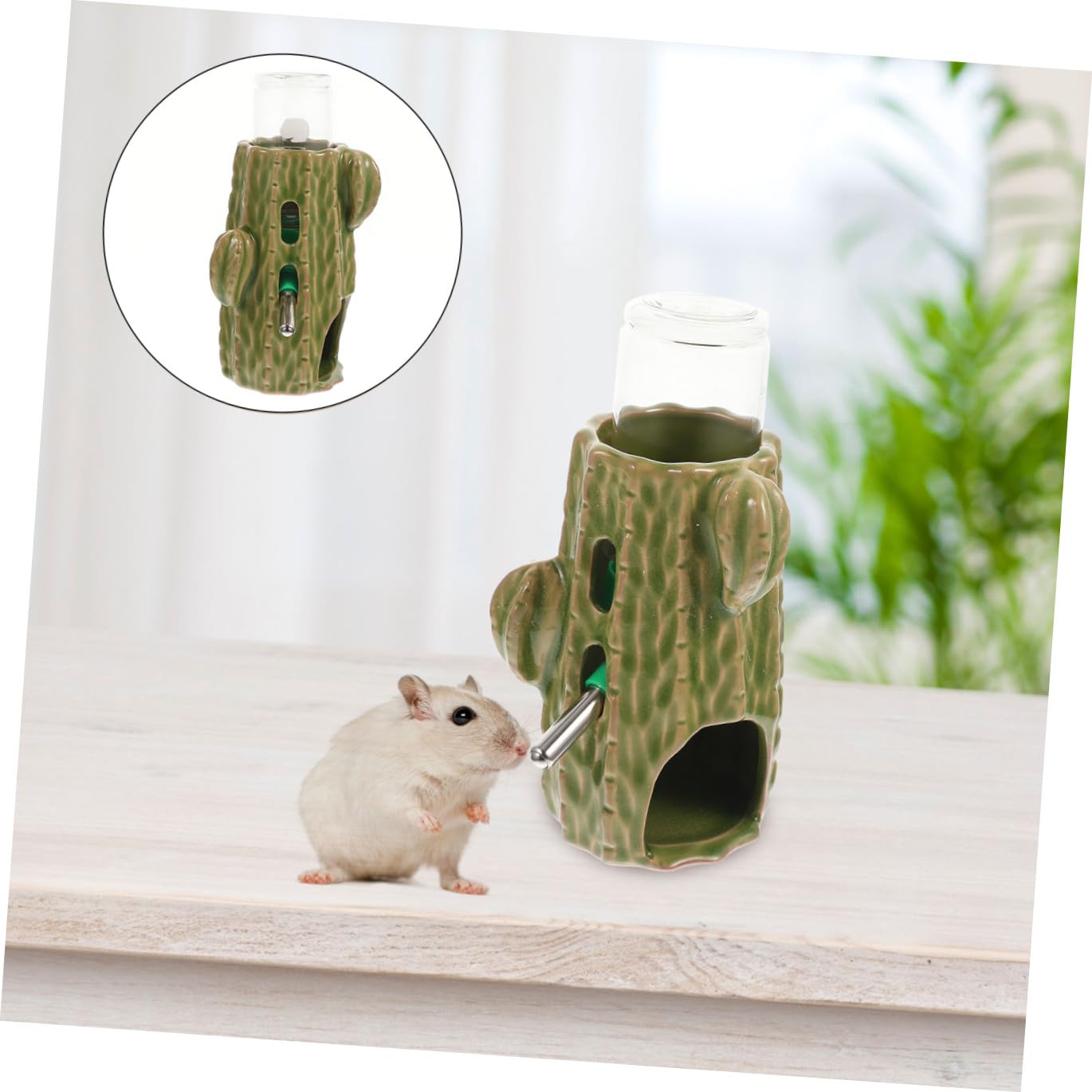 Abaodam Bottiglia Acqua per Criceti e Cincillà 80ml in Ceramica Design a Cactacee di Perdite e Supporto Regolabile per Gabbia Piccoli Animali