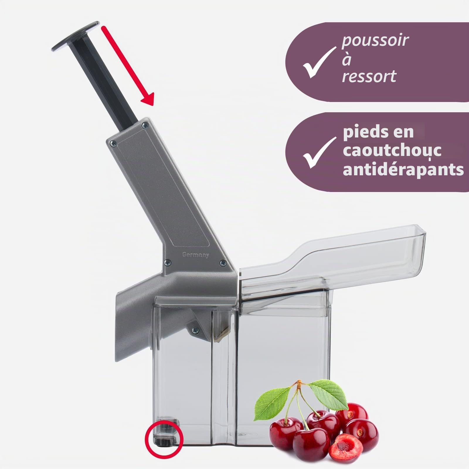 Westmark Kirschomat Dénoyauteur à Cerises avec Goulotte et Caissette à Noyaux, Plastique/Inox/Aluminium, Argenté/Noir/Transparent