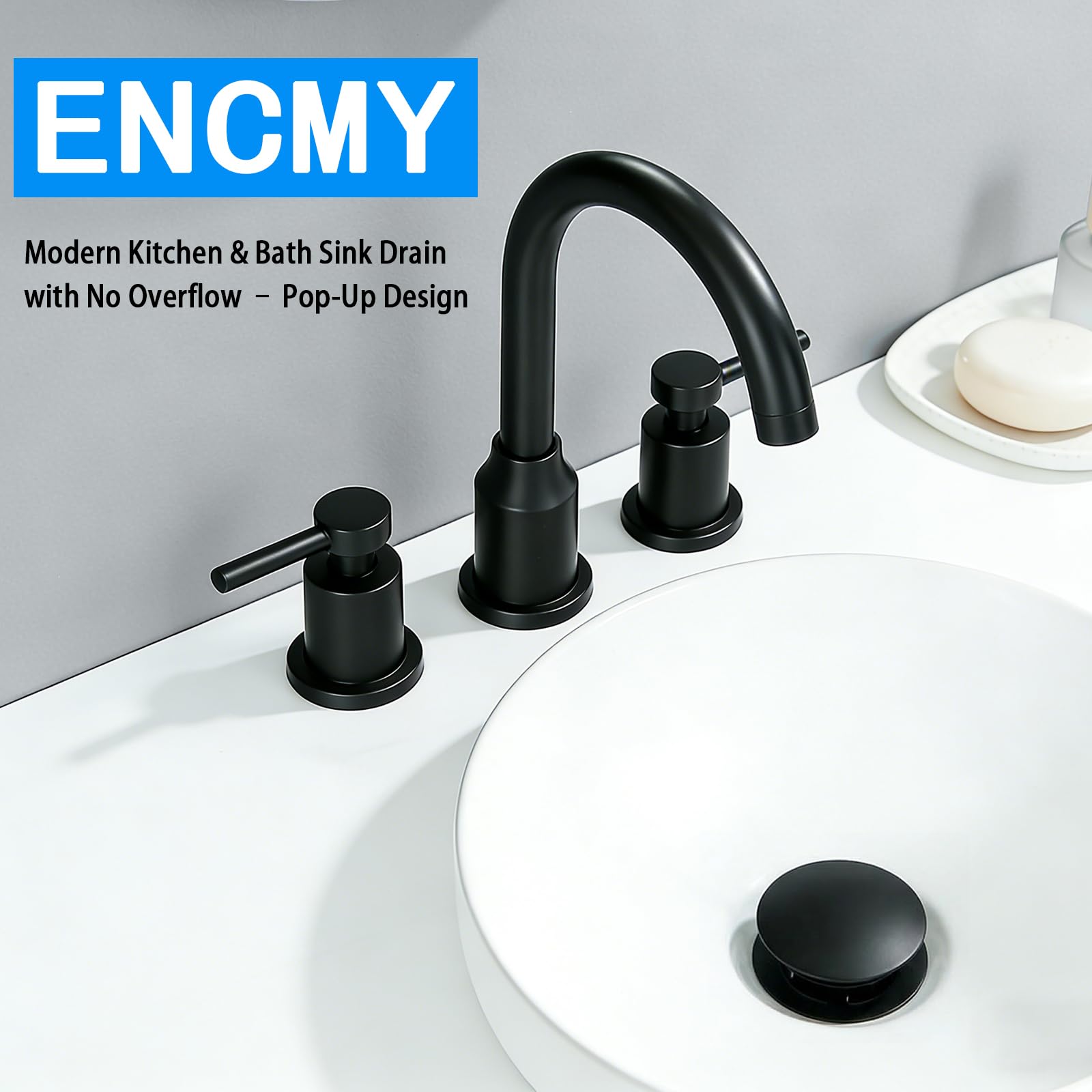ENCMY Bathroom Sink Drain Without Overflow- Matte Black Pop up Drain for Bathroom Vanity Vessel Sink Drain Stopper - Anti-clog Pop-up Plastic Drain with Hair Catcher Strainer in use