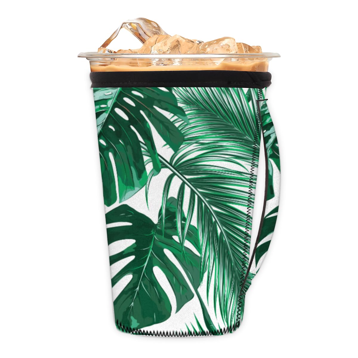 Reusable Iced Coffee Cup Sleeve Monstera Neoprene Insulated Sleeves Cup Cover Holder Green Leaves Coffee Coozie Sleeves with Handle for Cold Drinks Tumbler Cup,24-28oz