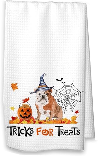 Trucos para golosinas Bulldog inglés Halloween Cocina Waffle Toalla, Bulldog Inglés Decoración de otoño (Toalla blanca, Bulldog Inglés sin nombre)