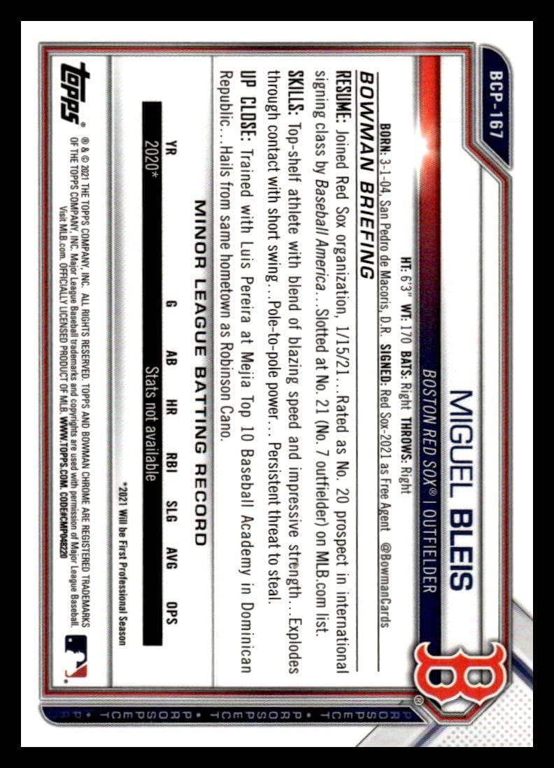 2021 Bowman Chrome Mega Box Mojo Refractor Purple #BCP-167 Miguel Bleis NM-MT SER/250 Boston Red Sox Baseball Trading Card