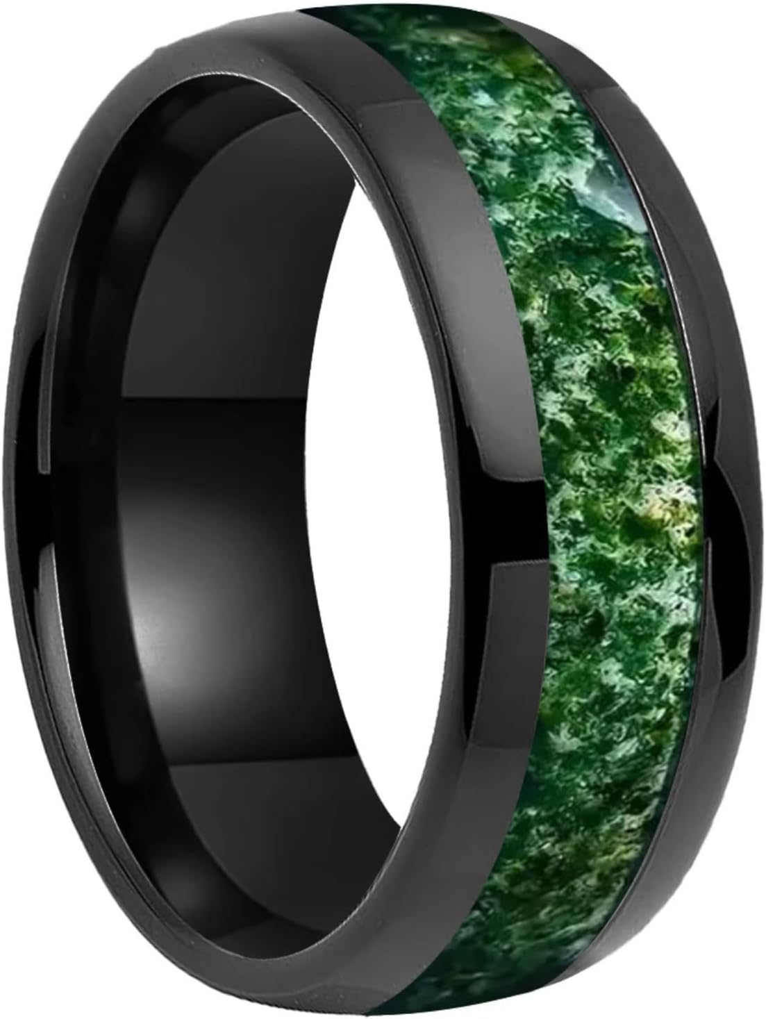 Dome Edges Mens Womens Engagement Wedding Band Green Moss Agate Inlay Tungsten Carbide Rings