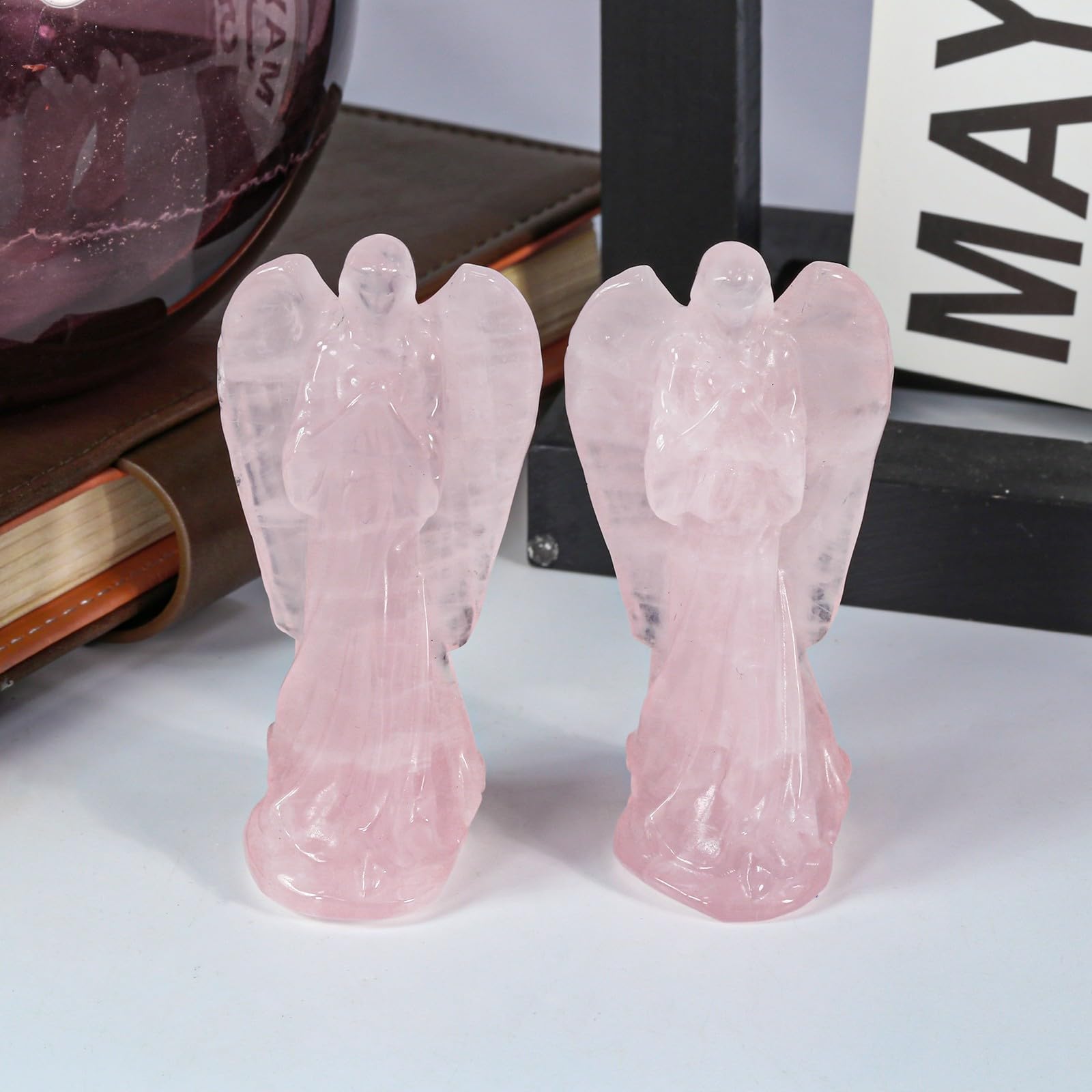 KYEYGWO Crystal Guardian Angel Figurine Hand Carved Stone Prayer Statue Peace Love Lucky Reiki Sculpture for Home Decoration Rose Quartz - Image 3