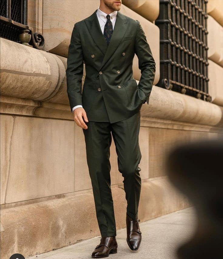Men 2-Piece Olive Green Tuxedo Prom Grooms Wedding Business Double Breasted Suit Blazer&Pants2